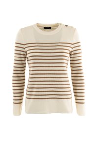 Pull rayé en crème et marron clair, doté d'un col rond côtelé, de manches longues et de trois boutons sur l'épaule gauche.