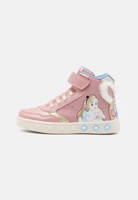 Zapatillas altas rosas con acentos brillantes, con un estampado de personajes, cordones elásticos, correa de velcro y suela luminosa.
