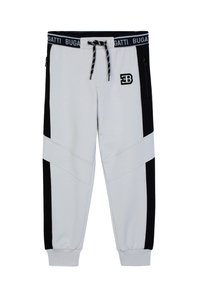 Graue Sweatpants mit schwarzen Seitenpaneelen, elastischen Bündchen und verstellbarem Kordelzugbund. Mit einem Bugatti-Logo auf der Vorderseite.