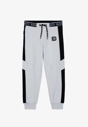 Graue Sweatpants mit schwarzen Seitenpaneelen, elastischen Bündchen und verstellbarem Kordelzugbund. Mit einem Bugatti-Logo auf der Vorderseite.