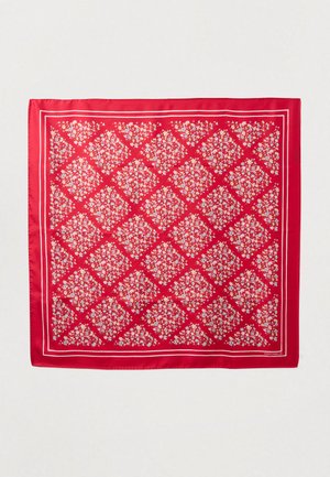 Foulard quadrato di seta rossa con motivo floreale in bianco e giallo, bordato da linee bianche, con un disegno a diamante di fiori.