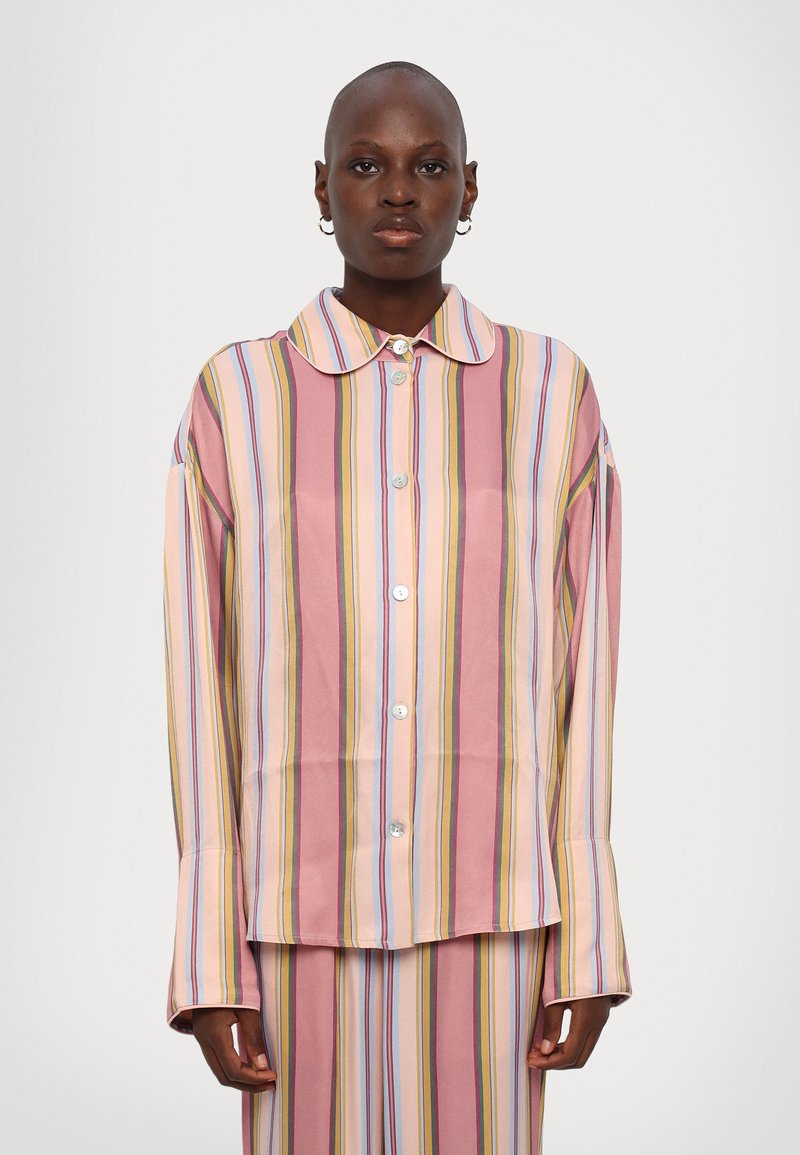 Long-sleeve striped shirt in pink, lavender, and yellow tones, featuring a collar, button front, and relaxed fit, made of smooth fabric.