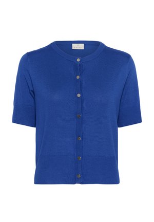 Blå strikket cardigan med korte ærmer, rund halsudskæring, frontlukning med knapper og ribbede detaljer ved ærmer og kant. Blød tekstur.