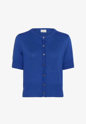 Blue knitted cardigan with short sleeves, round neckline, front button closure, and ribbed accents at cuffs and hem. Soft texture.