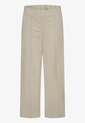 Pantaloni beige a gamba larga realizzati in tessuto leggero, con vita elastica e cuciture verticali a contrasto per un tocco di dettaglio in più.