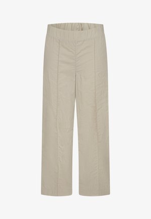 Pantaloni beige a gamba larga realizzati in tessuto leggero, con vita elastica e cuciture verticali a contrasto per un tocco di dettaglio in più.