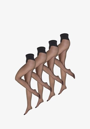 Doorzichtige, huidskleurige panty's met een zwarte hoge tailleband, met een gladde textuur en halfdoorzichtige afwerking, weergegeven in een gekruiste beenhouding.