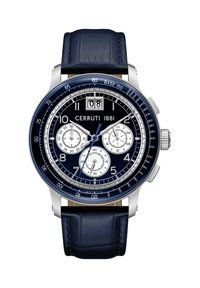 Reloj cronógrafo Cerruti 1881 con caja de acero inoxidable, esfera azul marino, tres subesferas y correa de piel azul marino. Indicador de fecha a las 12 en punto.