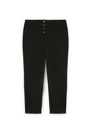 Zwarte katoenen broek met een vijfknopenrits, rechte snit, omgeslagen onderkanten en een gladde textuur. Eenvoudig en veelzijdig ontwerp.