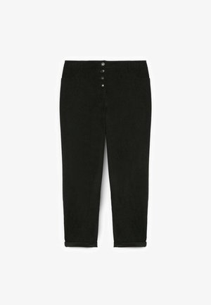 Schwarze Baumwollhosen mit einem Fünf-Knopf-Verschluss, geradem Schnitt, umgeschlagenen Säumen und einer glatten Textur. Einfaches und vielseitiges Design.