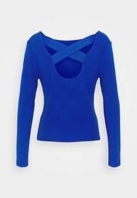 Långärmad blå ribbad topp med en djup rund halsringning och korssatt ryggdesign. Mjuk textur, figurnära passform och enhetlig färg genom hela plagget.