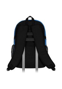 Sac à dos noir avec des accents bleus, doté de bretelles rembourrées, de poches latérales en maille et d'une poignée renforcée sur le dessus.