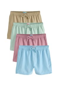 Quatre paires de shorts de bain : beige, vert menthe, rose et bleu clair. Chacun est doté d'une taille élastique avec un cordon de serrage et d'une texture de tissu lisse.