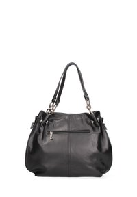 Zwarte leren handtas met dubbele handvatten, een ritssluiting aan de voorkant, zilverkleurige hardware-accenten en een gladde, zachte textuur.