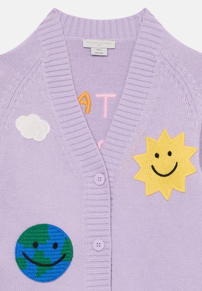 Lavender knitted cardigan with round buttons. Features embroidered sun, earth, cloud, and colorful letters, adding whimsical patterns.