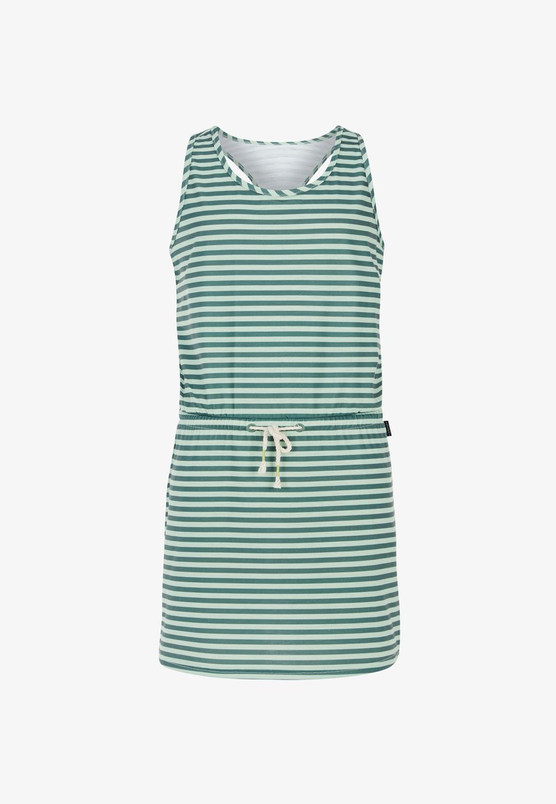 Pasiasta sukienka w zielono-białym bawełnianym materiale, z paskiem w talii, bez rękawów i okrągłym dekoltem.