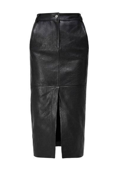 Čierna midi ceruzková sukňa z umelej kože s predným rázporkom a zapínaním na gombíky na páse.