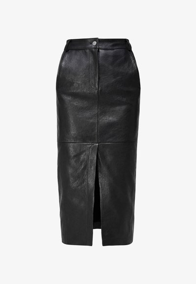 Čierna midi ceruzková sukňa z umelej kože s predným rázporkom a zapínaním na gombíky na páse.