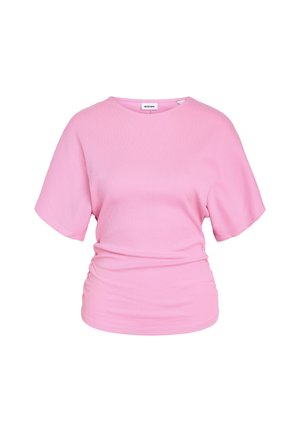 Short-sleeve pink ribbed top with crew neckline and slight gathered detail at the waist, shown on a white background.
