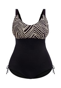 Maillot de bain une pièce noir avec un haut à motif à rayures crème et noir, liens latéraux ajustables et une texture lisse et extensible.