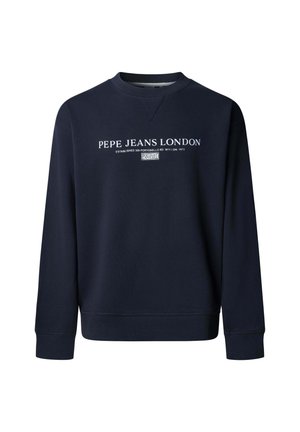 Sudadera azul marino de tela suave, con cuello redondo y puños acanalados. Logo "PEPE JEANS LONDON" impreso en el frente.