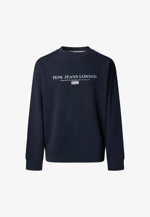 Navyblauwe sweatshirt gemaakt van zachte stof, met een ronde hals en geribbelde manchetten. "PEPE JEANS LONDON" logo gedrukt op de voorkant.