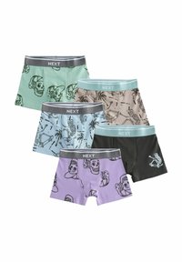 Cinque paia di boxer in diversi colori: verde menta, beige, azzurro, viola e nero, con stampe grafiche di teschi e scheletri.