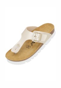 Infradito beige con una soletta in sughero marrone texturizzato, suola in gomma bianca e una fascia ampia con dettaglio in fibbia dorata.