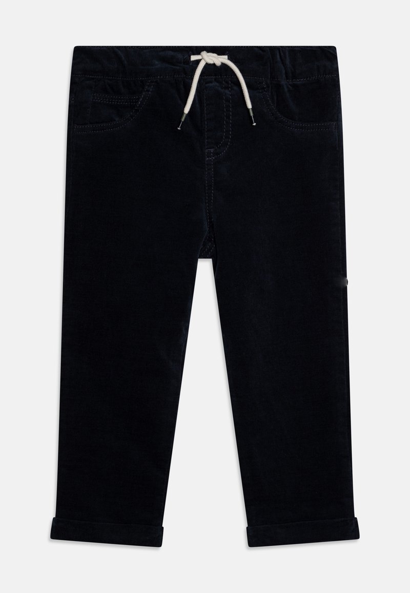 Pantalon en velours côtelé noir pour tout-petit avec taille élastique, cordon de serrage blanc, poches avant et revers retroussés sur fond blanc.