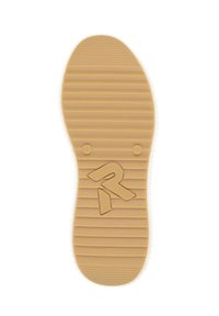 Semelle en caoutchouc beige avec des rainures verticales, arborant un logo "R" texturé. Bord blanc pour un contraste. Durable et conçu pour l'adhérence.
