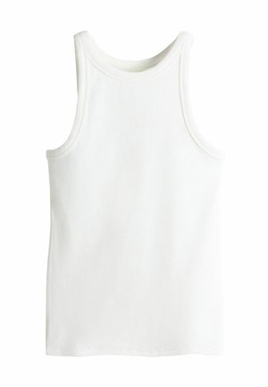 White tank top made of ribbed fabric, featuring a round neckline and wide shoulder straps. Simple design with no additional patterns or accents.