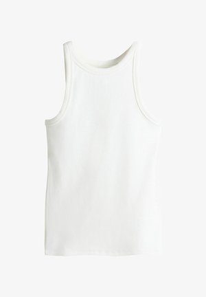 White tank top made of ribbed fabric, featuring a round neckline and wide shoulder straps. Simple design with no additional patterns or accents.