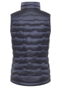Gilet doudoune sans manches bleu marine avec un design matelassé horizontal, col haut et étiquette Pertex au coin inférieur gauche.