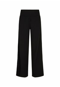 Pantalons larges noirs avec une taille douce et extensible. Tissu lisse, design à longueur complète, sans fermetures ni motifs visibles.