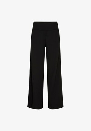 Zwarte broek met wijde pijpen en een zachte, rekbare tailleband. Glad materiaal, ontwerp met volledige lengte, zonder zichtbare sluitingen of patronen.
