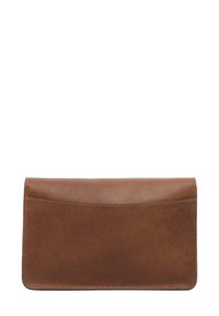 Hnědá kožená peněženka s hladkým povrchem, obdélníkovým tvarem a jemným prošíváním podél okrajů. Minimalistický design bez ozdob.