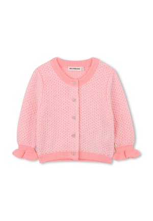 Roze geweven cardigan met een textuurpatroon, ronde halslijn en gerimpelde mouwen. Voorzien van hartvormige knopen en een geribde zoom.
