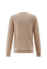 Beige knitted sweater with long sleeves, a round neck, and ribbed cuffs and hem. Soft texture and minimalist design, no patterns or accents.