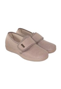 Zapatos de malla beige claro con rayas ajustables, punta redondeada y parte superior texturizada. Suela flexible para mayor comodidad y facilidad de uso.