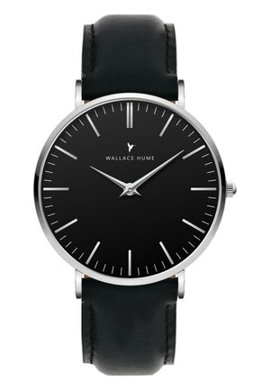 Black-faced wristwatch with silver markers and hands, black leather strap, and "Wallace Hume" brand name on the dial.