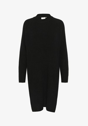 Czarna dzianinowa sukienka o prążkowanej strukturze, z wysokim dekoltem, długimi rękawami i bocznymi rozcięciami dla wygody. Wykonana z miękkiego materiału, zapewniającego komfortowe dopasowanie.