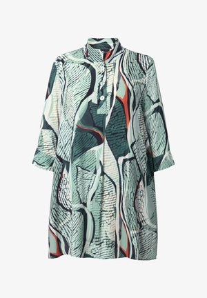 Tunic a maniche lunghe, stampato in tonalità di verde con design astratti di foglie e linee. Presenta un colletto eretto e chiusura con bottoni.