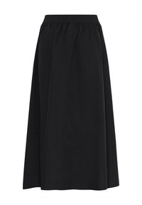 Melna A formā izgriezta svārki ar elastīgu jostu, līdz ceļiem, izgatavoti no vienkrāsaina, viegla auduma.