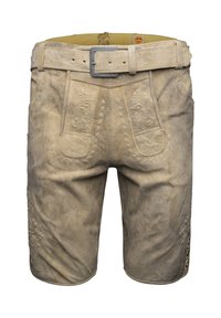 Světlohnědé kožené šortky s vyšívanými detaily, poutky na pás a knoflíkovými akcenty; mají texturovaný povrch a dvě přední kapsy.