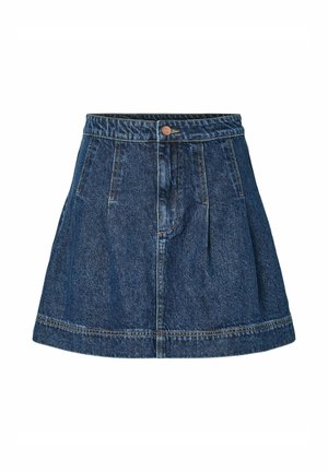 Mørkeblå denim skjørt i A-linje med frontknapping, sydd søm og to sidelommer.