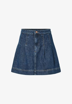 Mørkeblå denim skjørt i A-linje med frontknapping, sydd søm og to sidelommer.