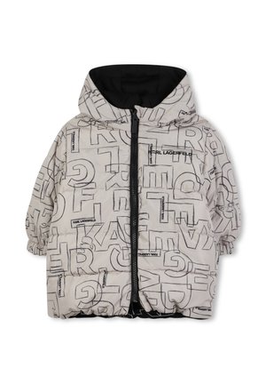 Padded jacket in light gray with black text patterns. Features a hood, zip closure, and elastic cuffs for a snug fit.