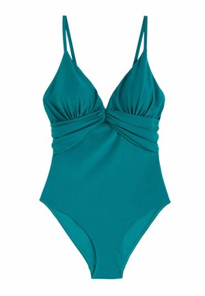 Costum de baie întreg verde teal, cu bretele subțiri reglabile, detalii mulete sub bust și decolteu adânc în V.
