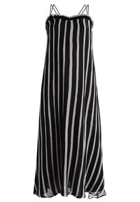 Robe sans manches noire et blanche à rayures, avec une silhouette fluide, fabriquée en tissu léger, dotée de fines bretelles et d'un col volanté.