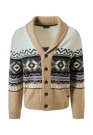 Beige cardigan met een sjaalkraag, voorzien van een gegarneerde brei in crème, marineblauw en bruin. Vijf knoopsluitingen en geribbelde manchetten.